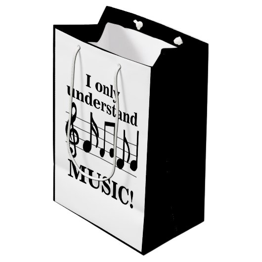 Black and White Music Notes Musician Party Mittlere Geschenktüte (Vorderseite Schrägansicht)