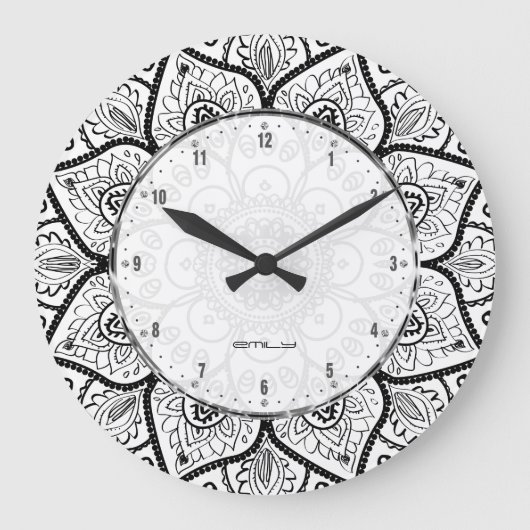 Black And White Ornate Mandala Lace Design Große Wanduhr (Vorderseite)