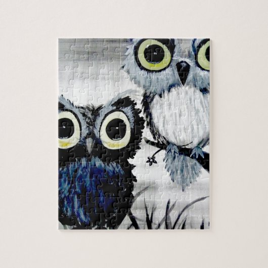 Black and white owl watercolor bird love painting puzzle (Vertikal)