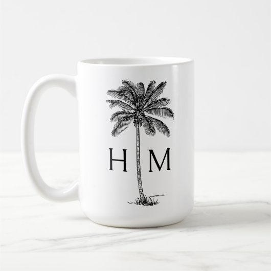 Black and White Palm Palmetto Tree Monogram Kaffeetasse (Links)