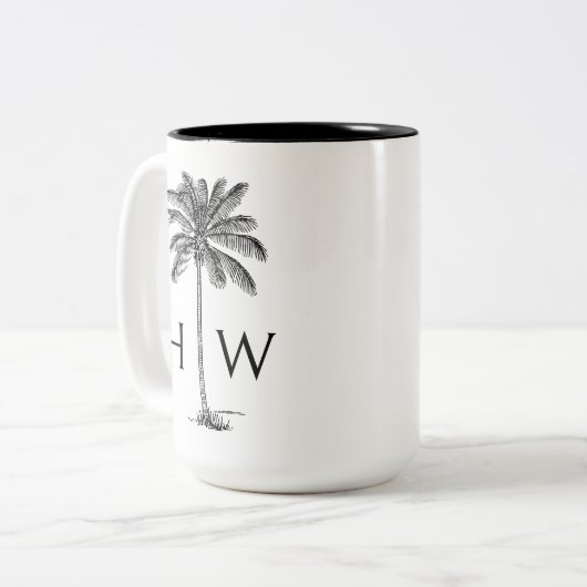 Black and White Palm Palmetto Tree Monogram Zweifarbige Tasse (Vorderseite Links)