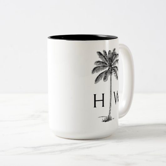 Black and White Palm Palmetto Tree Monogram Zweifarbige Tasse (VorderseiteRechts)