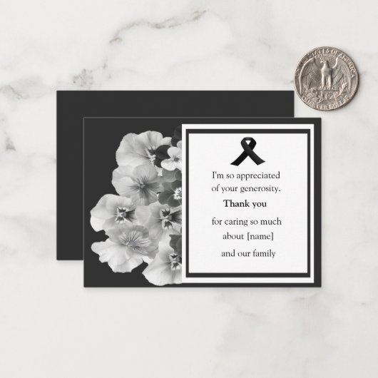 Black and White Pansy Beerdigung Danke Mitteilungskarte (Vorderseite/Rückseite Beispiel)