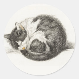 Black and white pencil drawing of a sleeping cat runder aufkleber