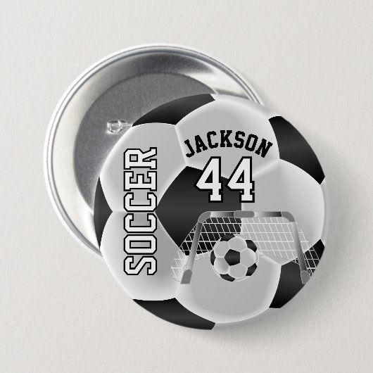 Black and White Personalize Soccer Ball Button (Vorne & Hinten)