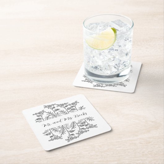 Black and White Personalized Floral Paper Coaster Rechteckiger Pappuntersetzer (Vor Ort)