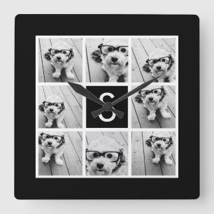 Black and White Photo Collage Custom Monogram Quadratische Wanduhr