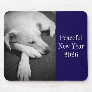 Black and White Photo of Dog Sleeping New Year Mousepad