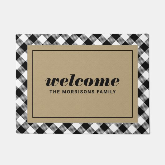 Black and White Plaid Personalized Welcome Fußmatte (Vorderseite)