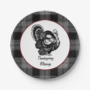 Black and White Plaid Thanksgiving Blessings Pappteller