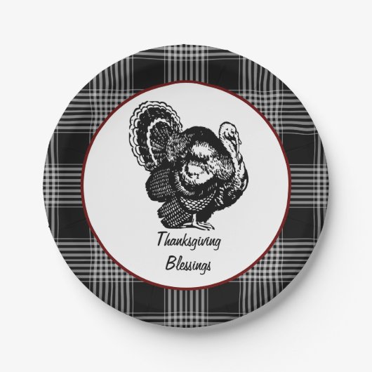 Black and White Plaid Thanksgiving Blessings Pappteller (Vorderseite)