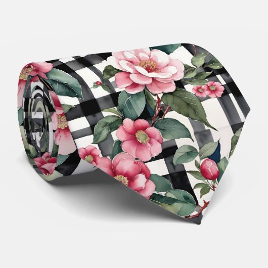 Black and White Plaid With Leafy Pink Camellias Krawatte (Gerollt)