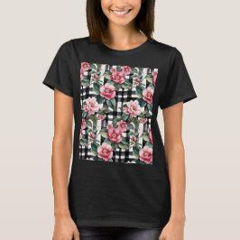 Black and White Plaid With Leafy Pink Camellias T-Shirt