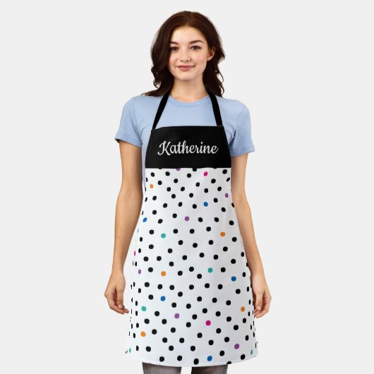 Black and White Polka Dot Custom Name Apron Schürze (Getragen)