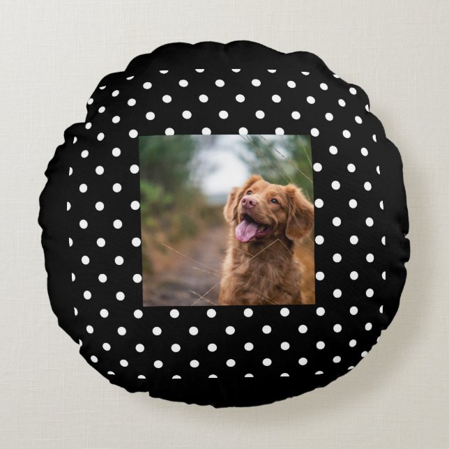 Black and white polka dot Dog pic Rundes Kissen (Vorderseite)