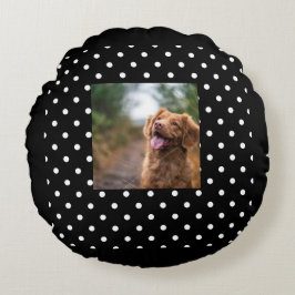 Black and white polka dot Dog pic Rundes Kissen