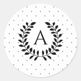Black And White Polka Dot Laurel Wreath Monogram Runder Aufkleber