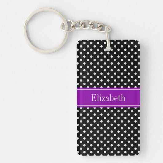 Black and White Polka Dots Purple Name Monogram Schlüsselanhänger (Vorderseite)