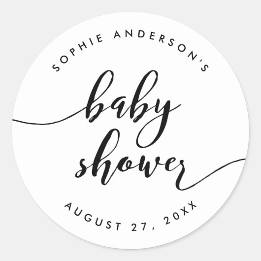 Black and White Relax Script Baby Dusche Runder Aufkleber (Vorderseite)