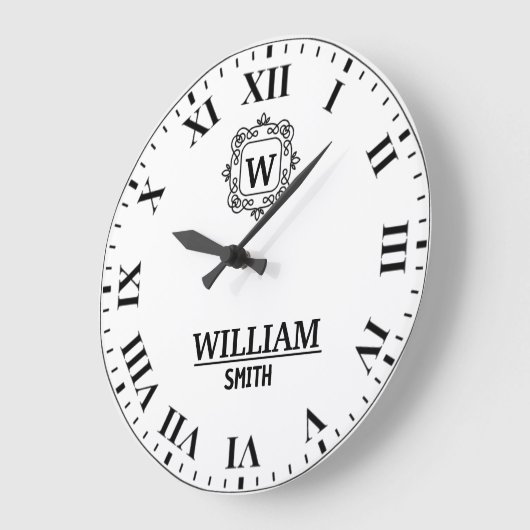 Black and white Roman numeral classic monogram Große Wanduhr (Winkel)