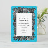 Black and White Roses Electric Blue Wedding Einladung (Stehend Vorderseite)