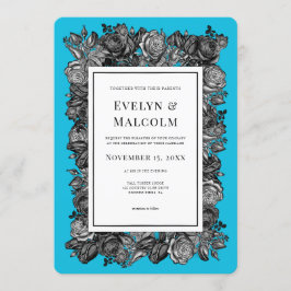 Black and White Roses Electric Blue Wedding Einladung