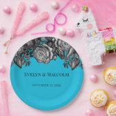 Black and White Roses Electric Blue Wedding Pappteller (Party)