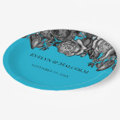 Black and White Roses Electric Blue Wedding Pappteller (Schrägansicht)