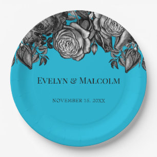 Black and White Roses Electric Blue Wedding Pappteller