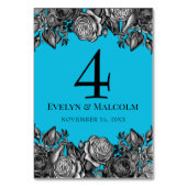 Black and White Roses Electric Blue Wedding Tischnummer (Rückseite)