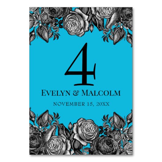 Black and White Roses Electric Blue Wedding Tischnummer (Vorderseite)