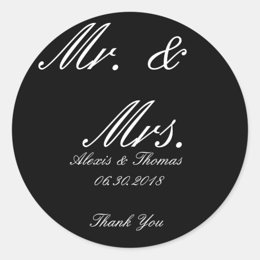 Black and White Round Mr. & Mrs. Wedding Stickers (Vorderseite)