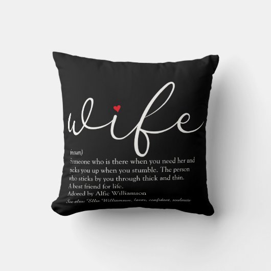 Black and White Script Red Heart Wife Definition Kissen (Vorderseite)