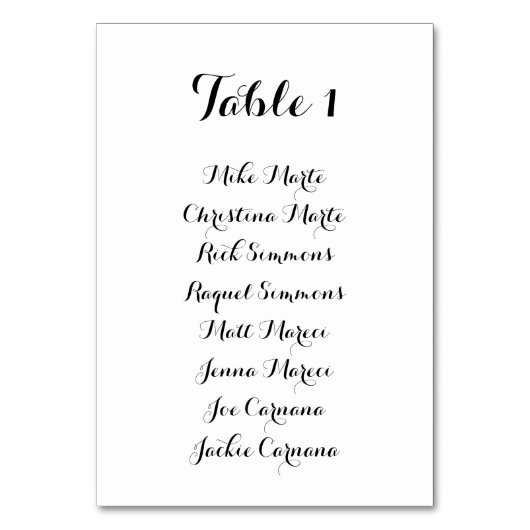 Black and White Script Table Seating Chart Card Tischnummer (Vorderseite)