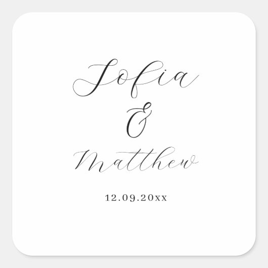 Black and White Script Wedding danke Quadratischer Aufkleber (Vorderseite)