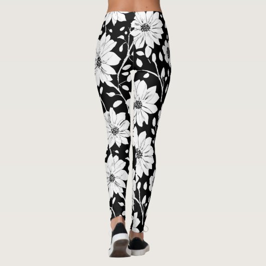 Black and White Simple Flower Seamless Pattern Leggings (Rückseite)