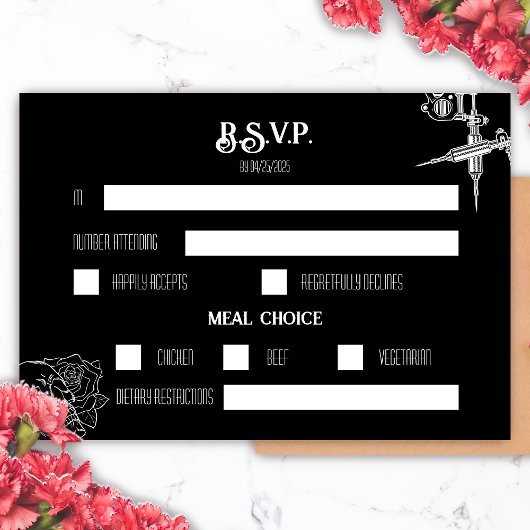 Black and White Skull Tattoo Wedding RSVP Karte