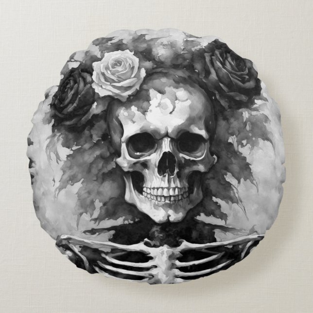 Black and White Skull with Roses Gothic Style Rundes Kissen (Vorderseite)
