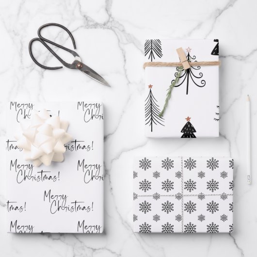 Black and White Snowflake Tree Merry Christmas Geschenkpapier Set (Vorderseite)