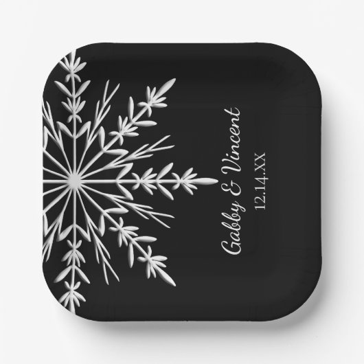 Black and White Snowflakes Winter Wedding Pappteller (Vorderseite)
