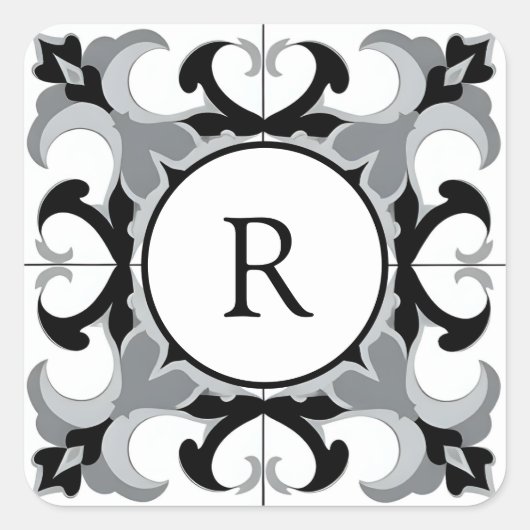 Black and White Spanish Style with Initial Quadratischer Aufkleber (Vorderseite)