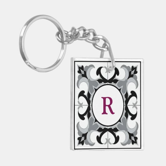 Black and White Spanish Style with Initial  Schlüsselanhänger (Vorderseite links)
