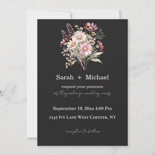 Black and White Spring Floral Wedding Invitation Einladung (Vorderseite)