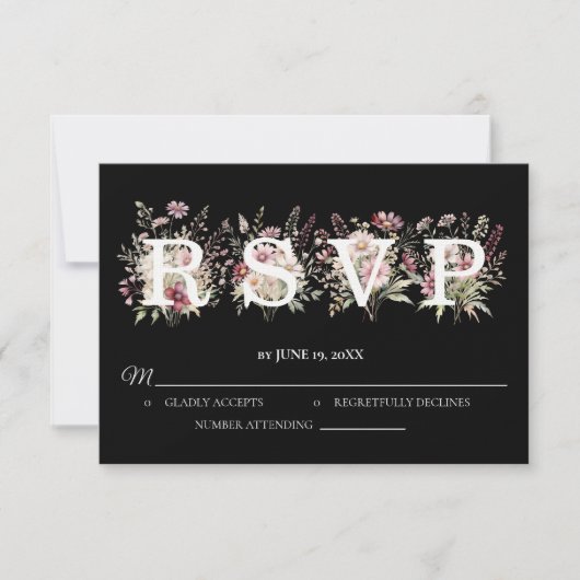 Black and White Spring Floral Wedding RSVP card Karte (Vorderseite)