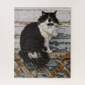 Black and White Stray Cat on Wood Lattice Fence Puzzle (Vertikal)