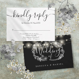 Black And White String Lights Floral Wedding RSVP Karte