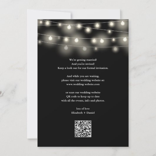 Black And White String Lights QR Code Wedding Save The Date (Rückseite)