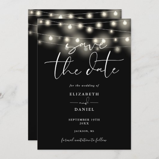 Black And White String Lights QR Code Wedding Save The Date (Vorne/Hinten)