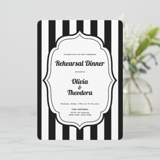 Black and White Stripe Rehearsal Dinner Invitation Einladung (Stehend Vorderseite)