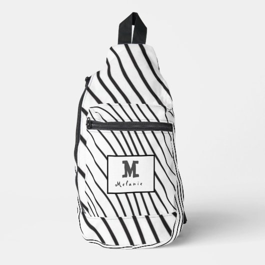 Black and white striped Abstract minimal Monogram  Crossbody Bag (Vorderseite)